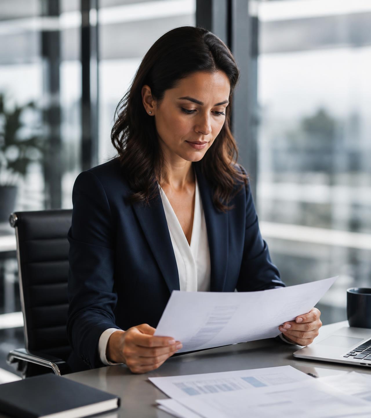 HR professional reviewing candidate screening documents in a modern office